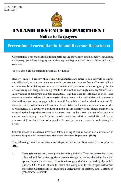 Notice to Taxpayers